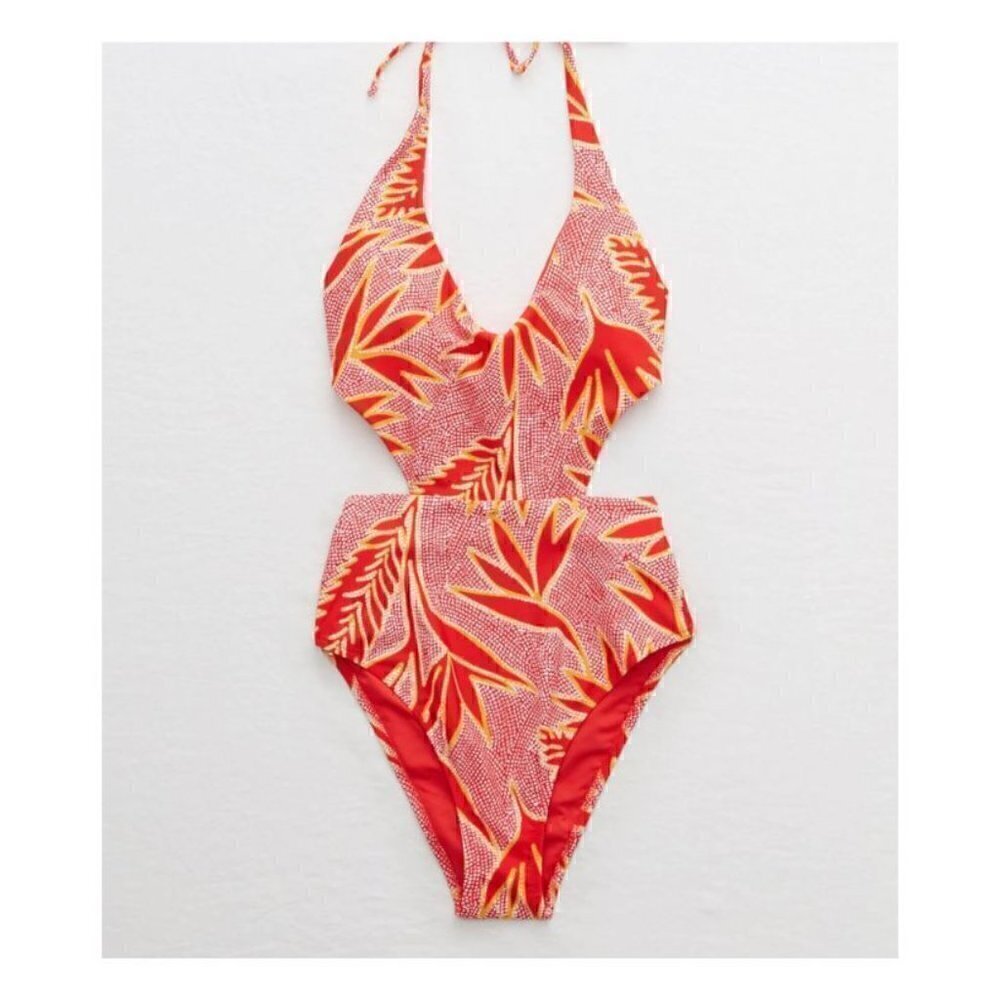Aerie Blue Teal Floral Print Cut Out One Piece Swimsuit (Womens XL) - Picture 9 of 9
